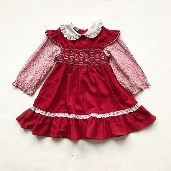 Vintage Polly Finders hand smocked maroon dress 4T - Picture 1 of 5